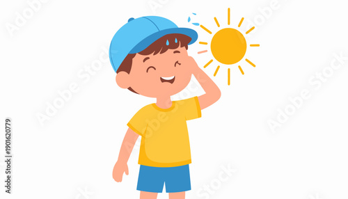 A smiling boy wearing a blue cap and yellow shirt under the hot sun, wiping his forehead with his hand, heat and summer concept