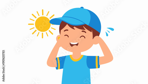 Happy boy wearing a blue cap and t-shirt under the bright sun, feeling hot and sweating
