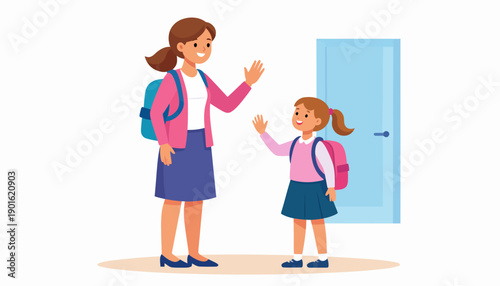 A mother and daughter are happily waving goodbye as the daughter heads off to school with her backpack
