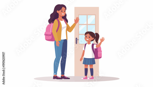 Mother and daughter waving goodbye before school, carrying backpacks