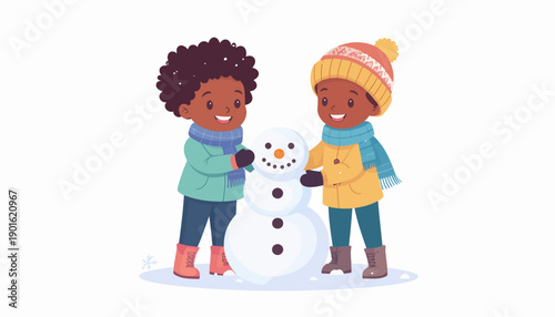 Two children build a snowman together on a winter day, enjoying the snow and outdoor activities