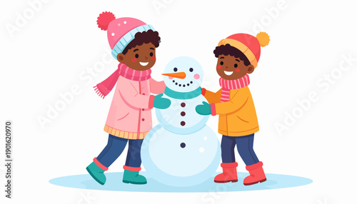 Two young children joyfully build a snowman together on a bright winter day, dressed in warm hats and jackets
