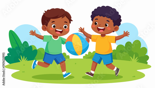 Joyful childhood moments Two happy young boys playing with a colorful ball outdoors, celebrating friendship and active fun in a vibrant park setting