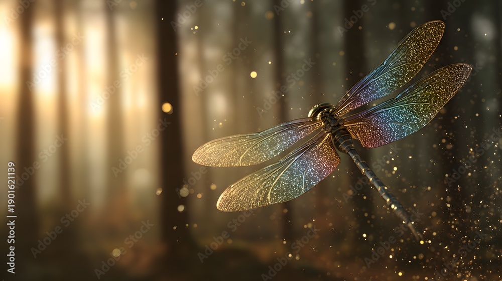 Naklejka premium Enchanting Dragonfly in a Forest - A Symphony of Light and Natures Beauty.