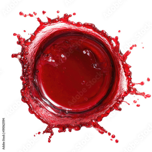 Vibrant red liquid violently splashes upward and outward from a dark pool, creating a striking crown