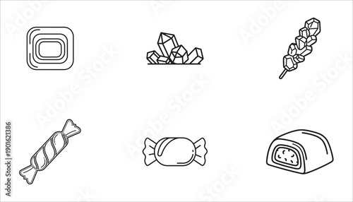 Collection of six confectionery items and crystals in a simple line art style