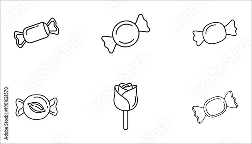 Set of six stylized icons representing candies and a rose, perfect for design elements