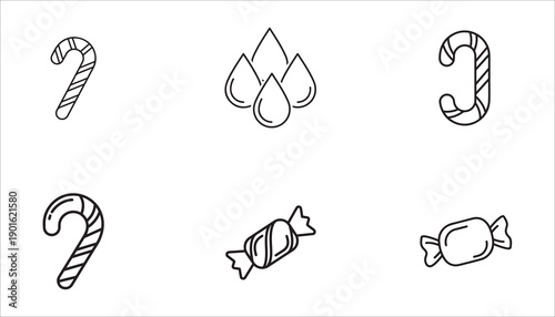 Set of six outline icons representing candy and water drops, simple vector graphics