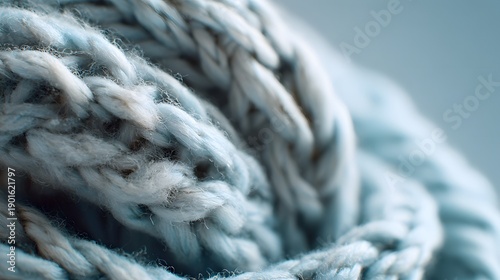 Close-up view of a knitted blue and white wool scarf, cozy and warm.