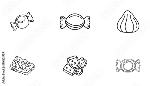 Set of six delicious sweet food icons, including candy and pastry