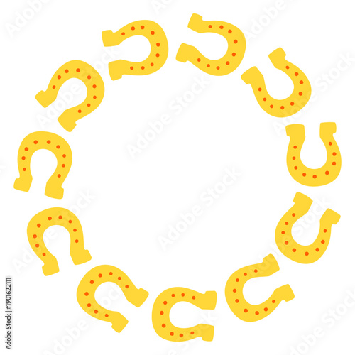 Whimsical St Patricks Day vector frame with gold horseshoe arranged in circular wreaths. Cute flat design for holiday cards, posters, invitations, and festive decor.