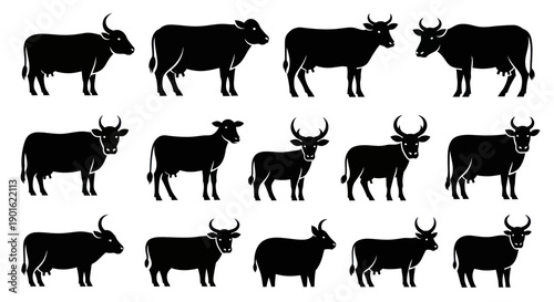 Collection of Diverse Cattle Silhouettes in Various Poses.