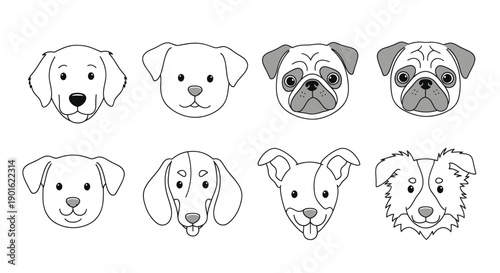 Collection of Eight Adorable Dog Faces in Outline Style.