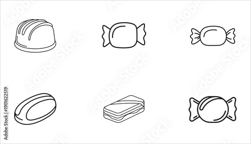 Collection of six different types of candies in a simple line art illustration