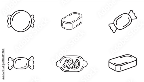 Collection of simple line art icons representing candies and lozenges on a white background