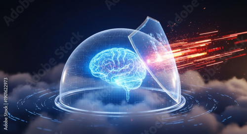 Advanced digital brain protection concept showcasing AI security against cyber threats and the safeguarding of mental well-being in a technological era