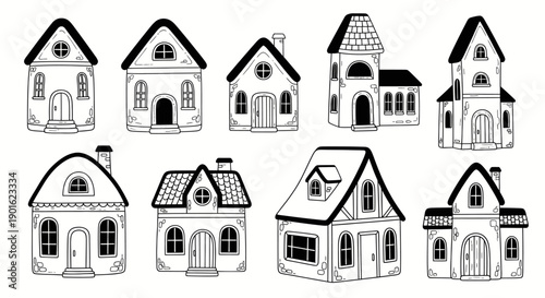 Collection of Hand Drawn Houses and Buildings in Various Architectural Styles.