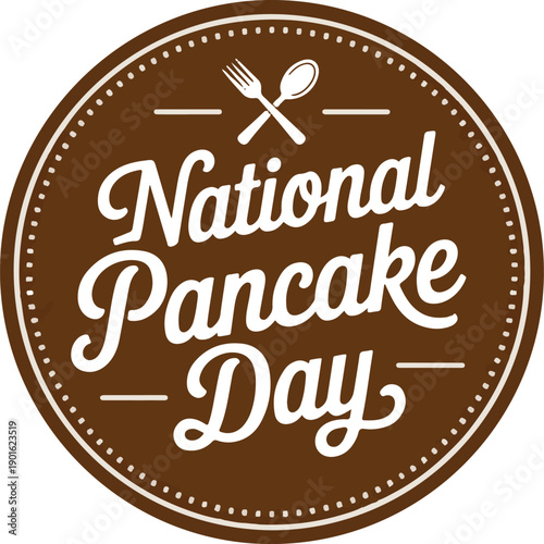 National pancake day logo is simple brown circle with text, spoon, and fork inside