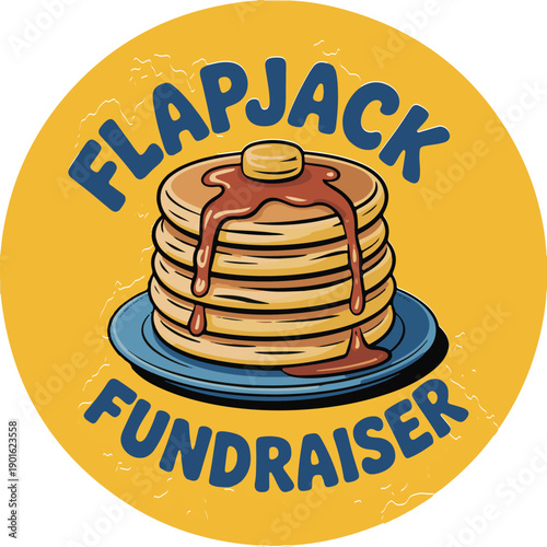 Flapjack fundraiser cartoon logo with stacked pancakes on plate and text