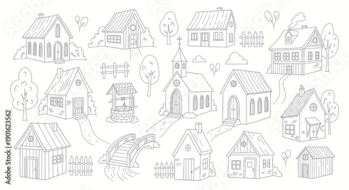 Collection of Hand Drawn Village Houses and Buildings Sketch.