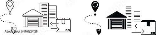 Delivery and logistics process with warehouse buildings and secure package icons illustrated