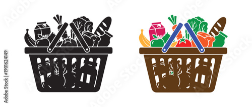 Illustrated shopping basket comparison showing healthy food versus junk food items
