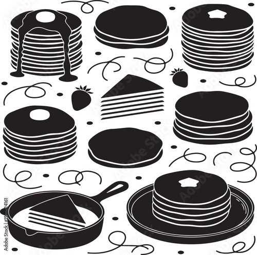 Pancake day breakfast food collection with stack of hotcakes syrup strawberry and kitchen frying pan