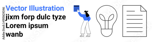 Creativity, innovation, education, business solutions, brainstorming, graphic design. A person holding an object, lightbulb and document icon. Creativity and innovation concepts