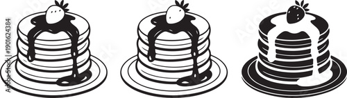 Stack of pancakes with syrup and strawberry, delicious breakfast food illustration, morning meal