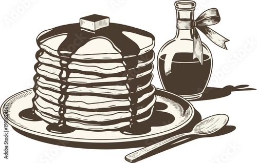 Vintage style drawing of stack of pancakes with syrup butter and bottle of maple liquid on plate