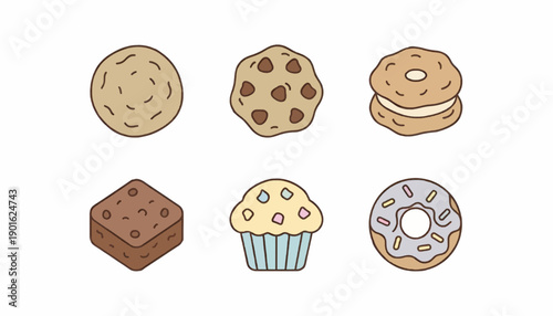 baking desserts featuring soft cookies, chocolate chip cookies, stuffed cookies, brownie, muffin, donut, minimal pastel style, rounded shapes, clean layout, editable vector, white background