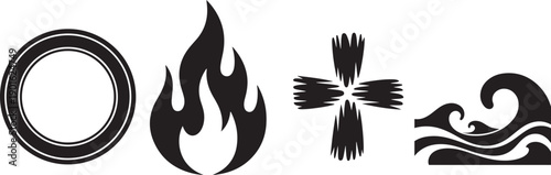 Religious symbols for ash wednesday, including circle, flame, cross, and water wave elements.