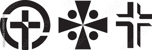 Abstract christian cross symbols with geometric patterns, circle, and triangular shapes.