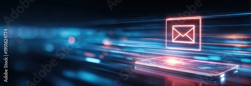 Red glowing email icon above smartphone with dynamic blue and orange light effects, representing digital communication and mobile office concept.