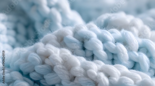 Close-up of a soft, fluffy, and intricately woven blue and white knitted fabric.