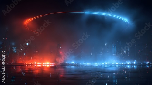 Dramatic light show over water, with vibrant red and blue arcs creating a mesmerizing display.