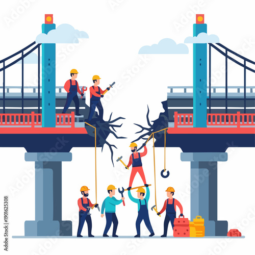 Bridge construction and repair with workers and tools.