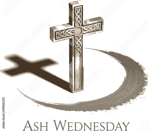 Ash wednesday celtic cross with shadow and smear on transparent background