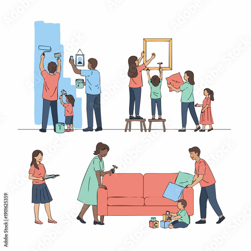 Family decorating and renovating their home together.