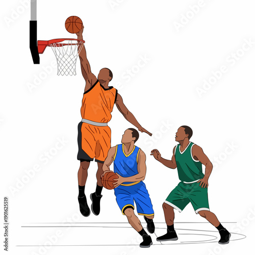 Basketball players in action, one shooting the ball, two others watching.