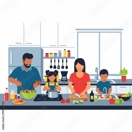 Family cooking together in a modern kitchen preparing a healthy meal.