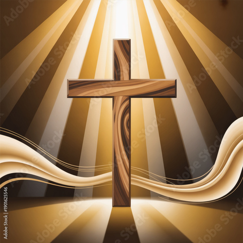 Wooden christian cross with golden light rays background for easter celebration or religious events