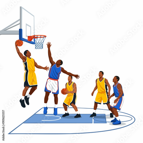 Basketball players in action on court during a dynamic game.