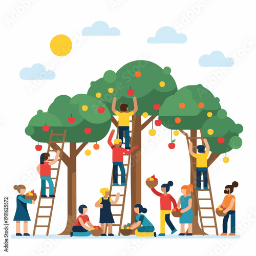 People harvesting apples from trees together.