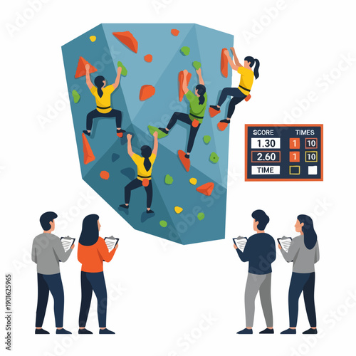 Group of people rock climbing competition.