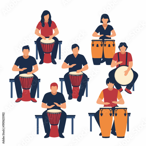 Diverse Group of People Playing Various Types of Drums.