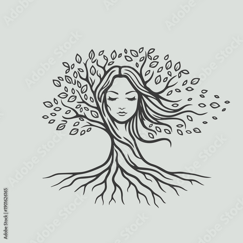 Tree woman with long hair logo