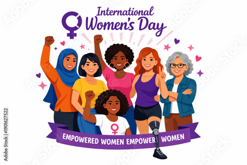 vector of diverse women including prosthetic leg representation empowered for international women’s day on white background
