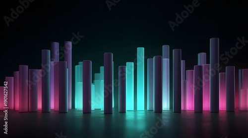 Abstract Neon Cityscape - Illuminated Cylinders in Vibrant Colors Against Dark Background.