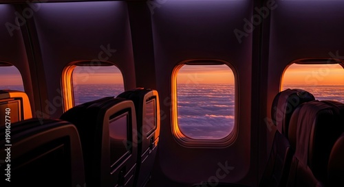Inside an airplane, looking at a beautiful sunset through the windows